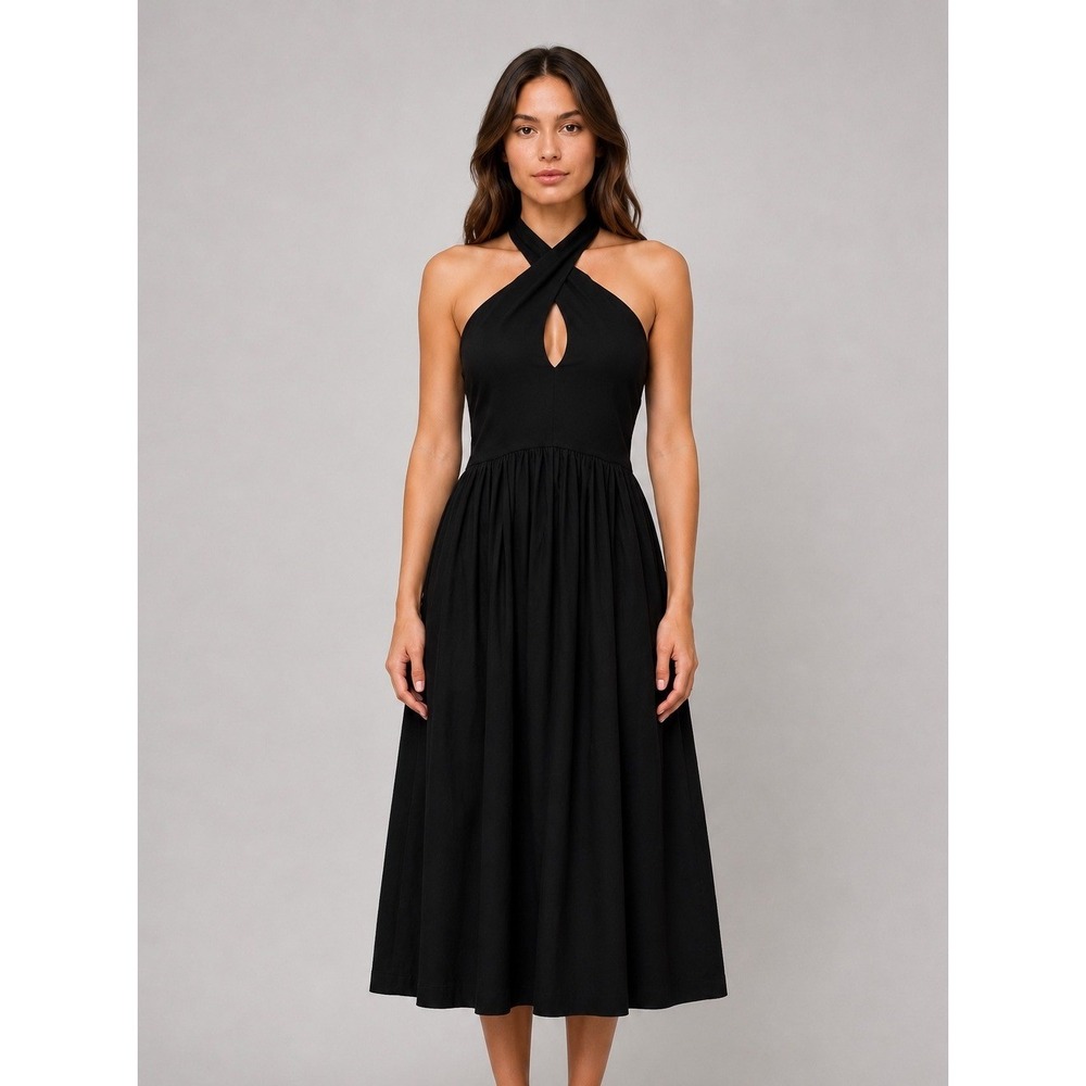 Zara Halter Midi Dress Women M Black Keyhole Old Money Minimalist Resort Party